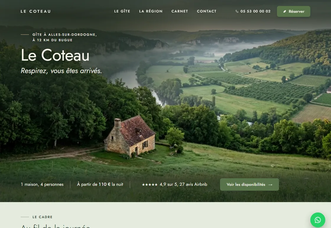 Accueil de la démonstration Horizon : Le Coteau, gîte fictif, avec la vallée de la Dordogne en grand