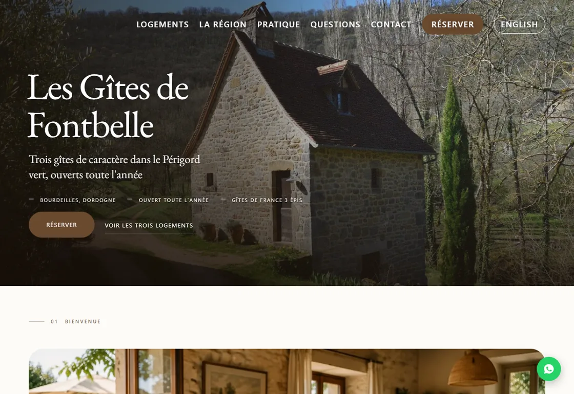 Aperçu du site de démonstration Maison, avec une grande photo du gîte en bannière